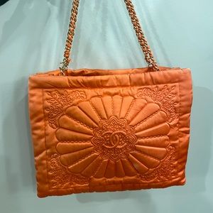 CHANEL Coral Satin Embroidered Tote AUTHENTIC